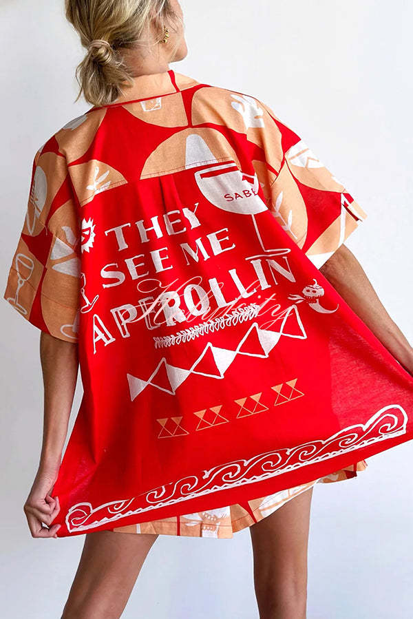 Linen Blend Unique Printed Shirt Top and Elastic Waisted Loose Pocket Shorts Set-tidenox