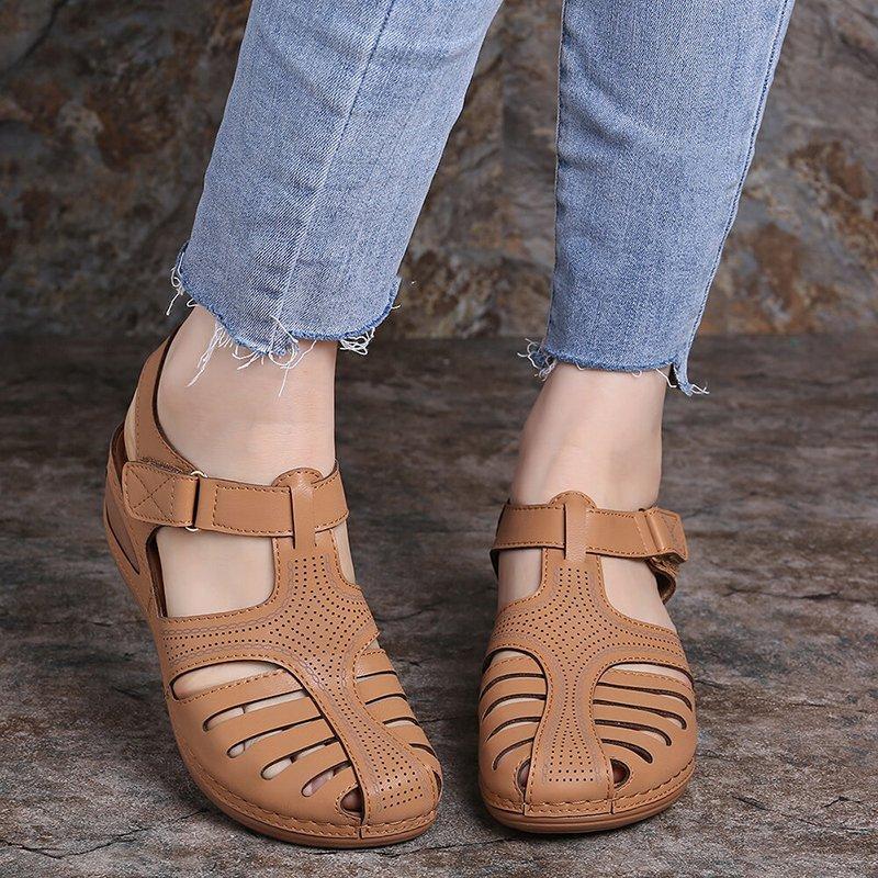Women Hollow Out Breathable Wedges Thick Sole Buckle Sandals-tidenox