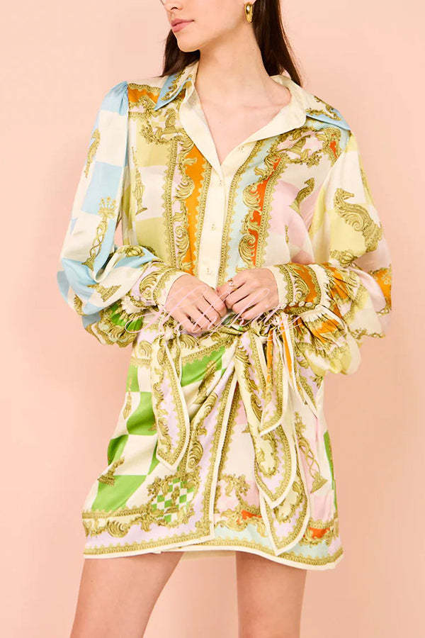 Vacay Mode Satin Unique Print Tie-up Design Wrap Mini Dress-tidenox