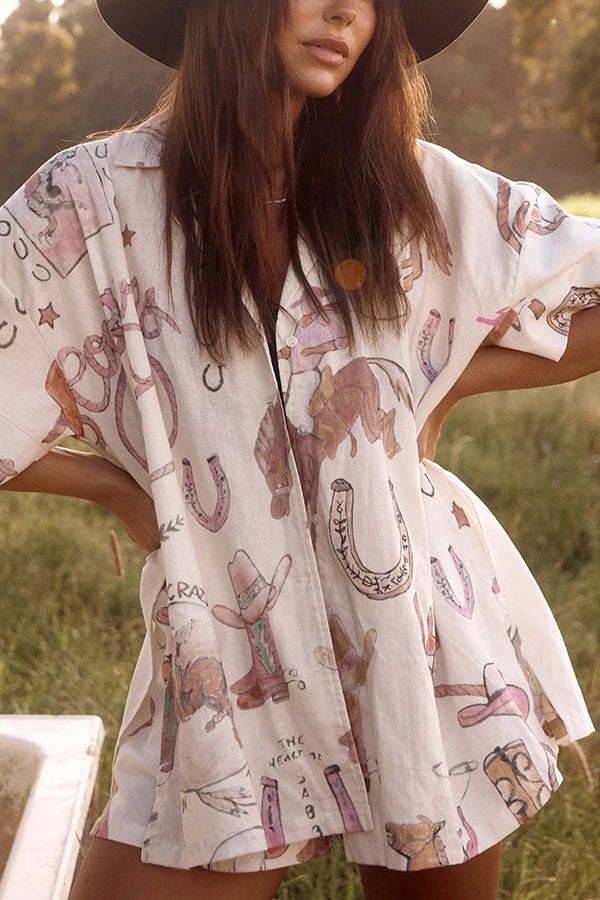 Eye-Catching Western Print Linen Blend Outfit for Women-tidenox