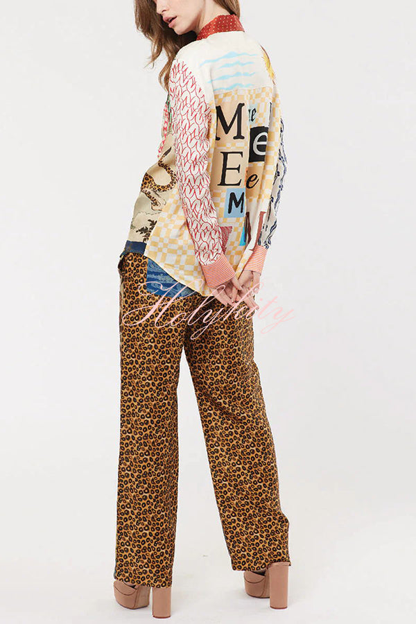 Tropical Jungle Tiger Unique Print Long Sleeve Loose Shirt and Elastic Waist Pants Set-tidenox