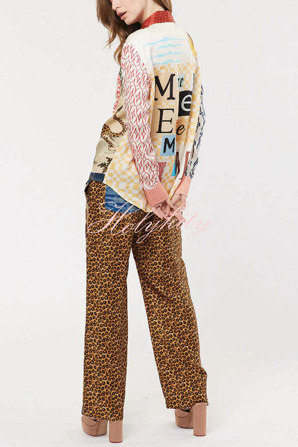 Tropical Jungle Tiger Unique Print Long Sleeve Loose Shirt and Elastic Waist Pants Set-tidenox