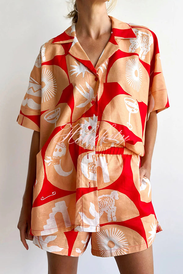 Linen Blend Unique Printed Shirt Top and Elastic Waisted Loose Pocket Shorts Set-tidenox
