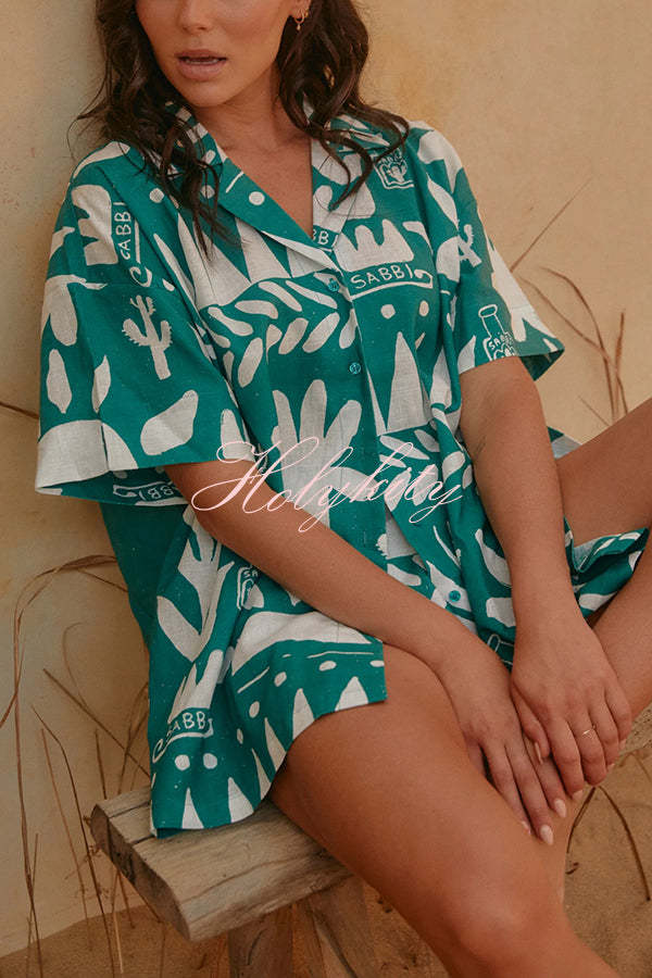 Summer Calls Unique Printed Loose Shirt and Elastic Waist Shorts Set-tidenox