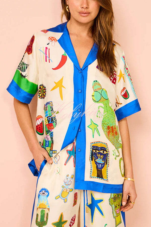Vibrant Beach Satin Unique Print Colorblock Trim Button Down Oversized Blouse-tidenox