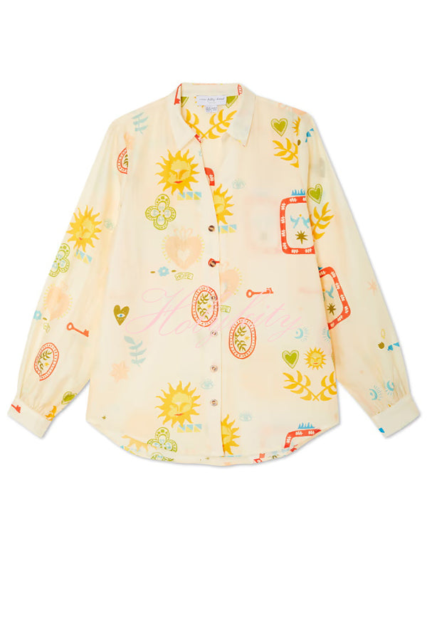 Funny Vacation Unique Printed Long Sleeve Shirt and Elastic Waist Pocket Loose Shorts Set-tidenox