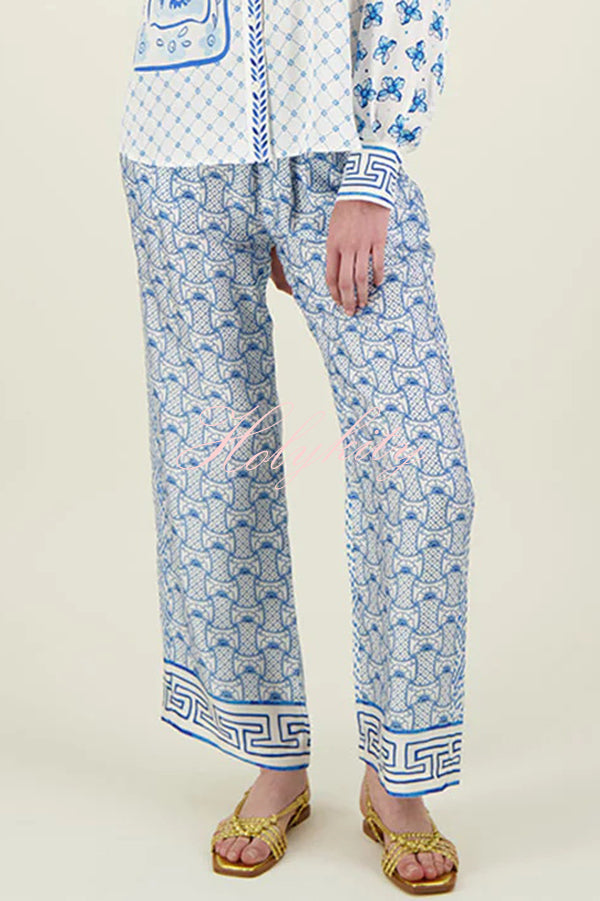 Unique Dragon Print Short Sleeve Loose Shirt and Elastic Waist Pocket Pants Silk Satin Set-tidenox