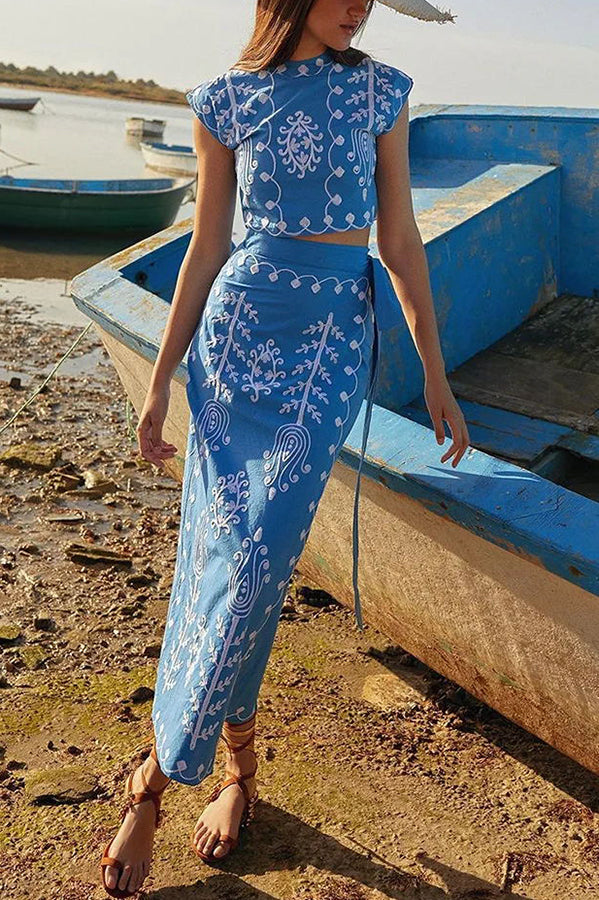 Rima Linen Blend Ethnic Print Crop Top & Tire-up Wrap Midi Skirt Set-tidenox
