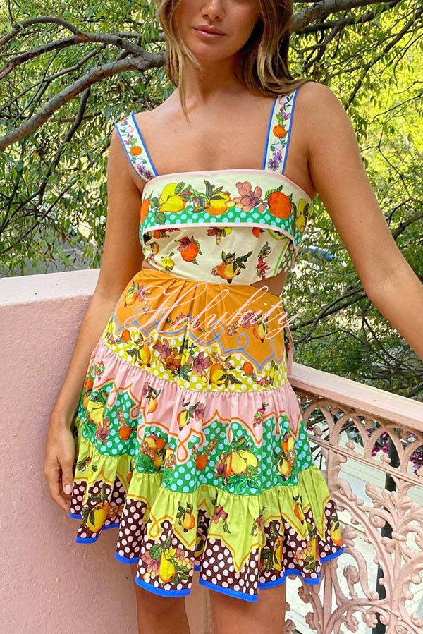 Sweet and Sour Summer Multicolor Lemon Print Pleated Hem Mini Dress-tidenox