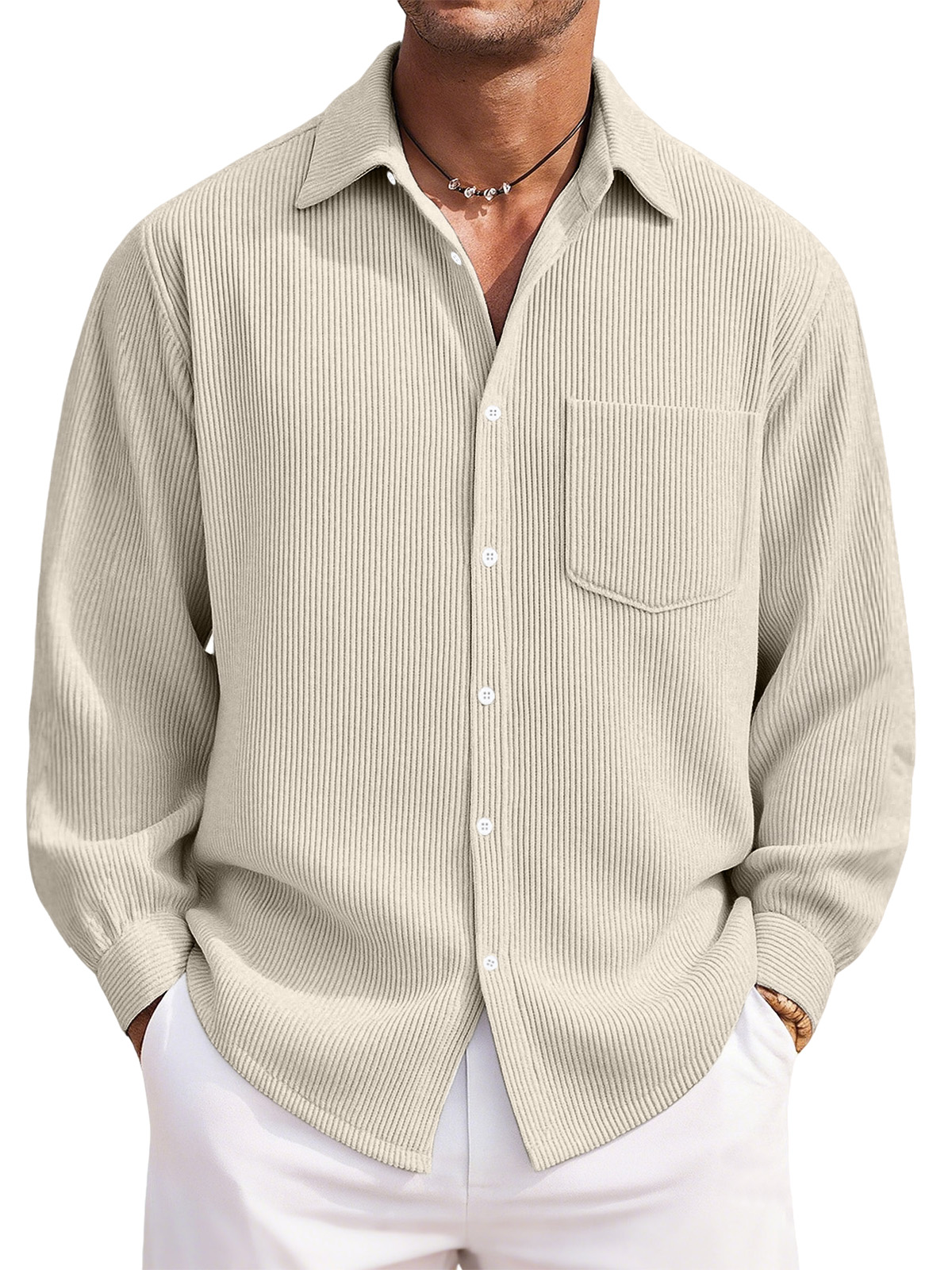 Men's Everyday Casual Solid Color Corduroy Button Lapel Long Sleeve Shirt-tidenox