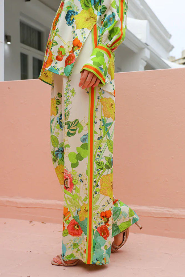 Marielle Satin Floral Print Back Elastic Waist Pocketed Wide Leg Pants-tidenox