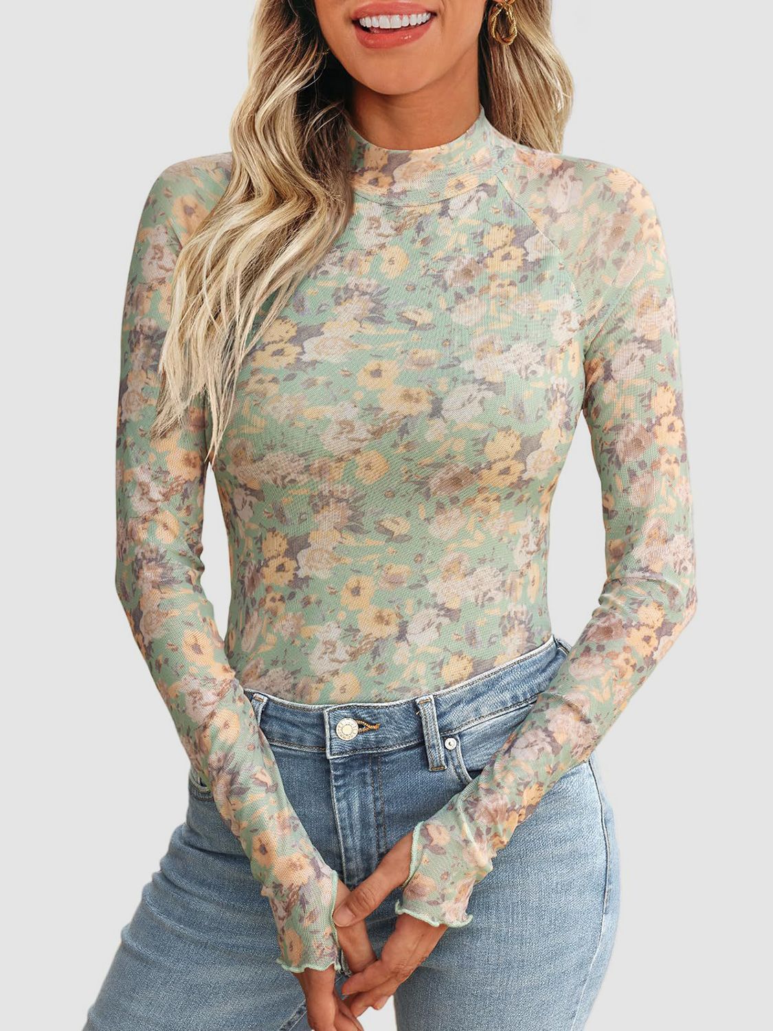 Floral Mock Neck Long Sleeve T-Shirt