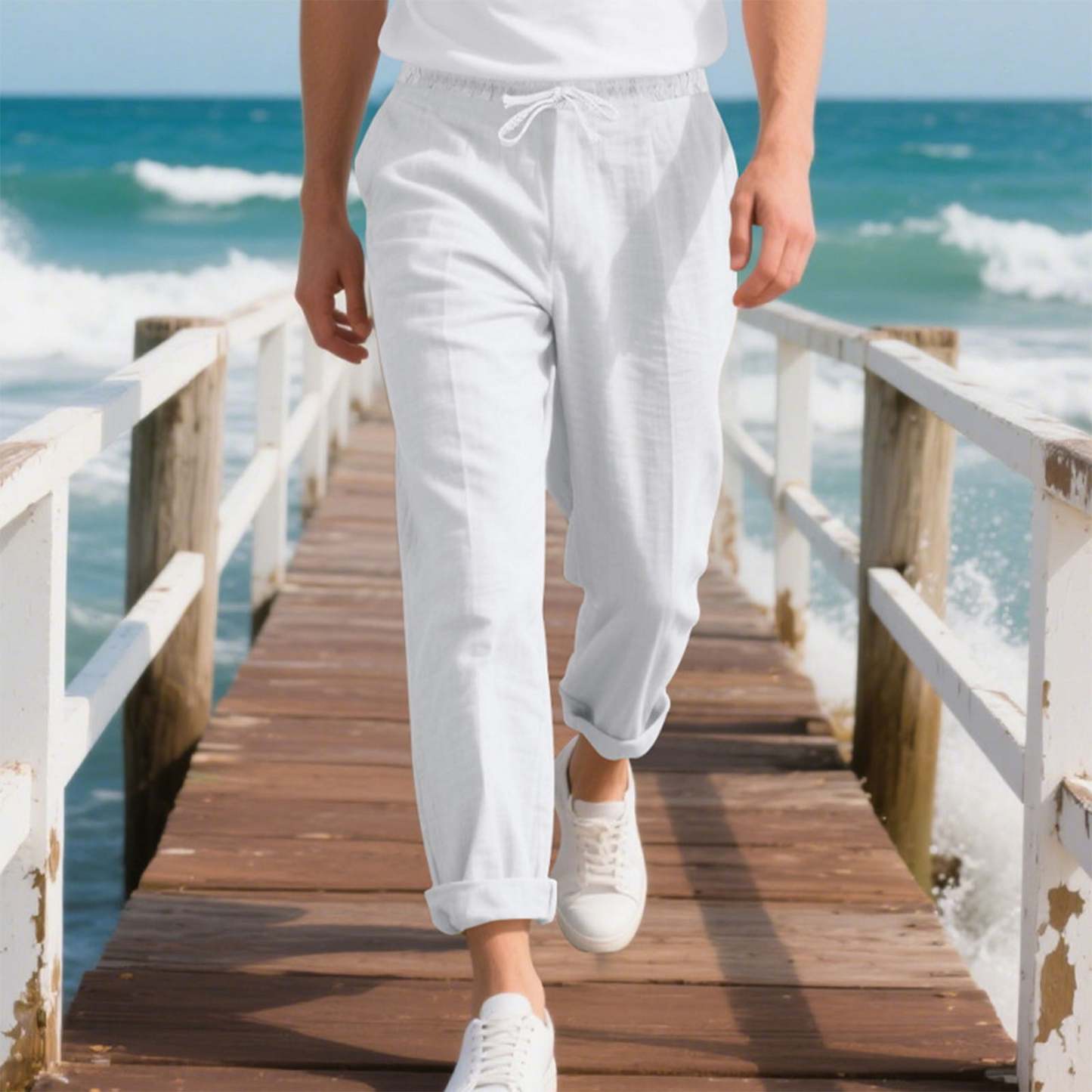 Men's linen trousers summer beach pants solid color comfortable breathable holiday leisure Hawaiian Bohemian style