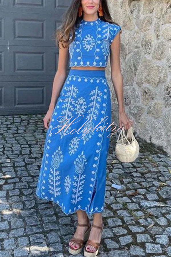 Rima Linen Blend Ethnic Print Crop Top & Tire-up Wrap Midi Skirt Set-tidenox