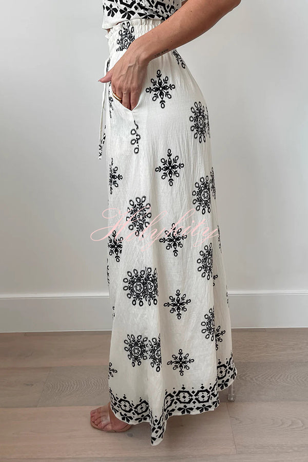 Unique Printed Round Neck Sleeveless Button Top and Elastic Waist Pocket Wide Leg Pants Set-tidenox