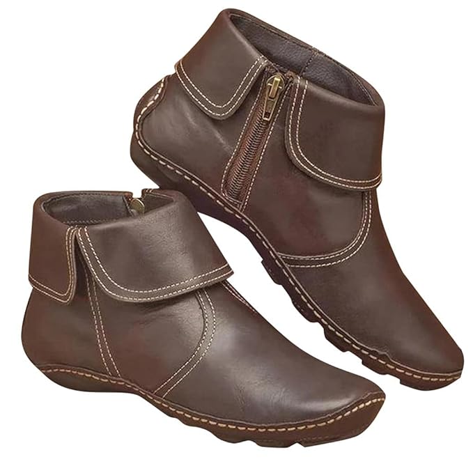 (⏳NOW ON: 49% OFF Sale! 🔥)Retro Women Walking Arch Support Boots Faux Leather Zip Flat Ankle Booties Shoes