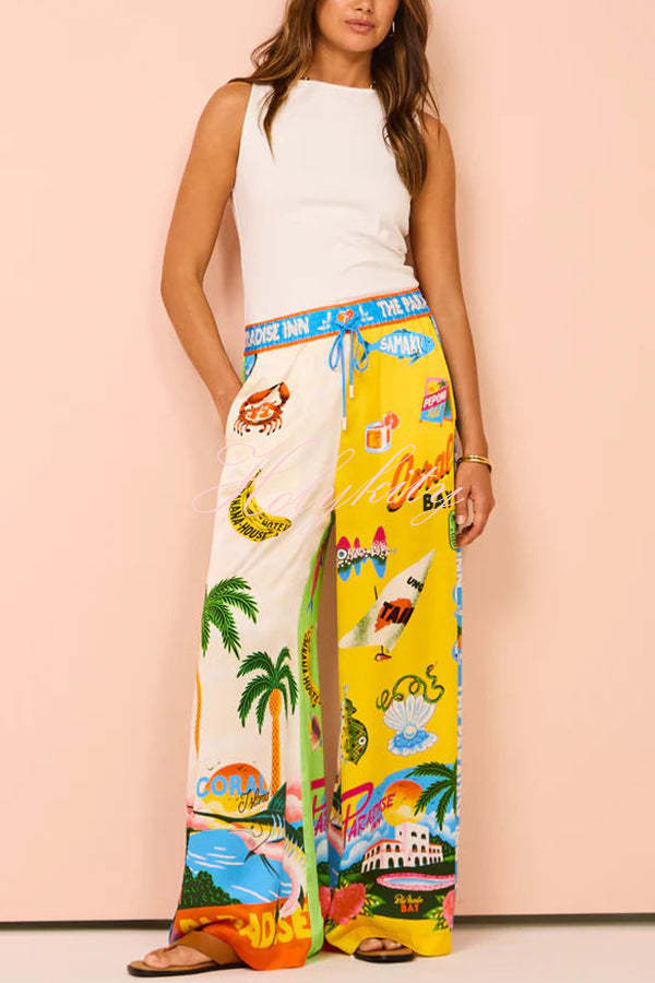 Kissed By The Sun Satin Unique Print Colorblock Elastic Waist Pocketed Wide Leg Pants-tidenox