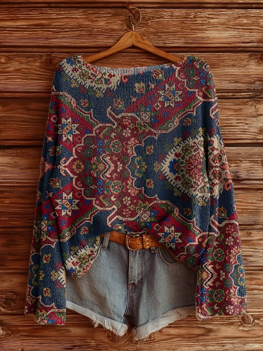 Women's Retro Ethnic Totem Art Print Casual Pullover Sweater-tidenox