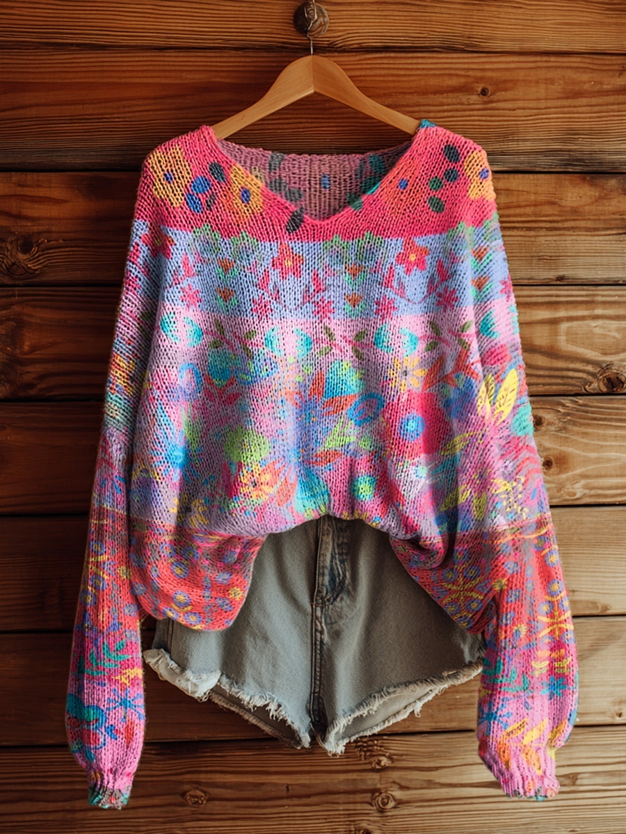 Women's Bohemian Floral Collage Art Pattern Print Casual V Neck Pullover Sweater-tidenox