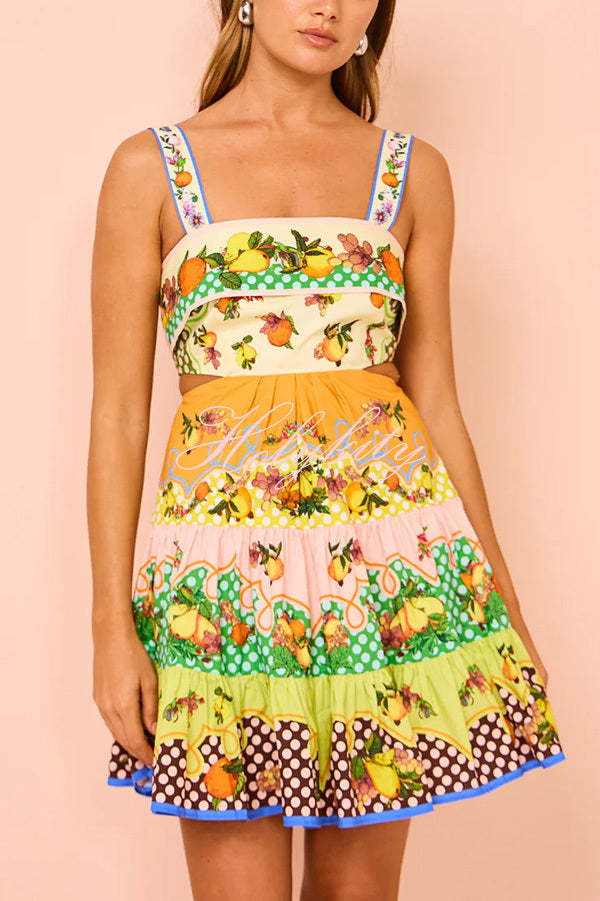 Sweet and Sour Summer Multicolor Lemon Print Pleated Hem Mini Dress-tidenox