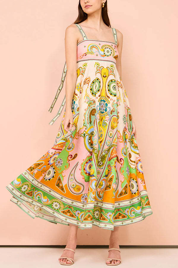 Summer Serenade Linen Blend Unique Print Tie-up Strap Smocked Pocketed Maxi Dress-tidenox