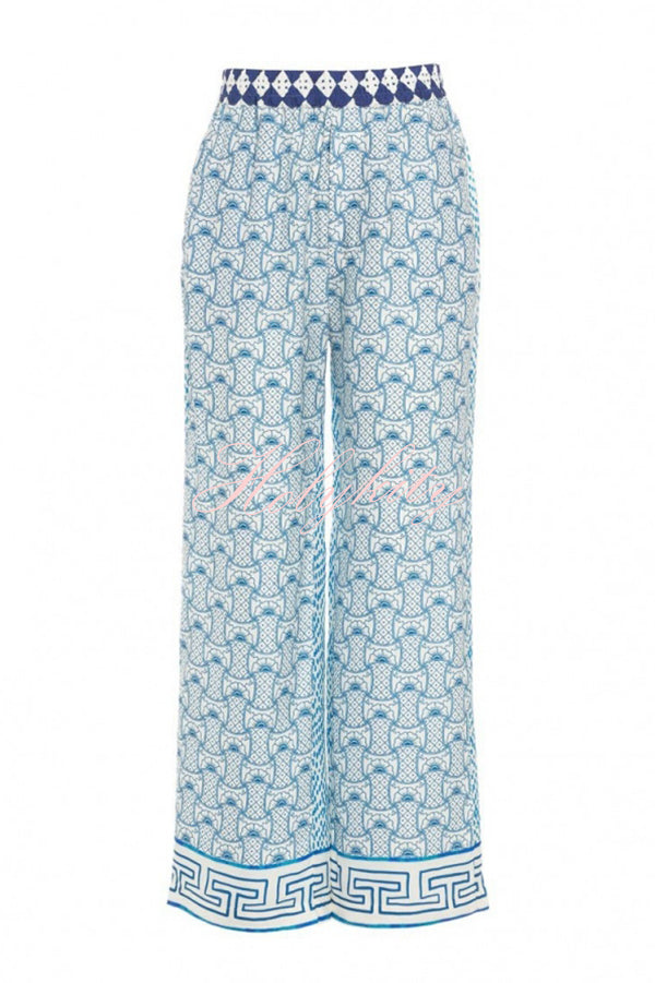 Unique Dragon Print Short Sleeve Loose Shirt and Elastic Waist Pocket Pants Silk Satin Set-tidenox