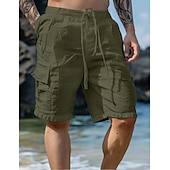 Men's Shorts Linen Shorts Summer Shorts Beach Shorts Drawstring Elastic Waist Multi Pocket Plain Knee Length Outdoor Beach Hawaiian Casual ArmyGreen Black Inelastic-tidenox