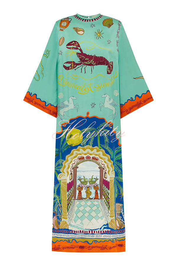 Satin Unique Print Long-sleeve Tie-waist Slit Maxi Dress-tidenox