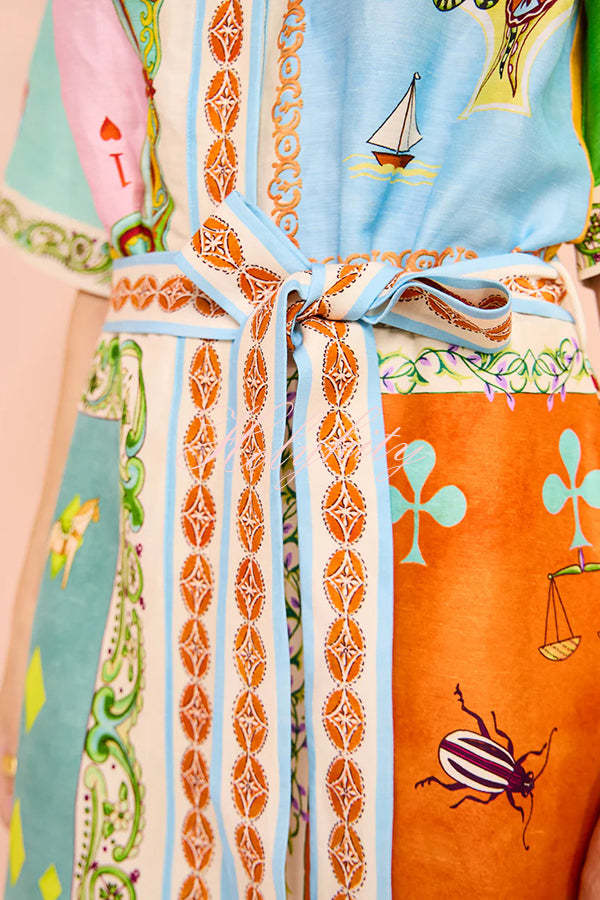 Linen Blend Unique Printed Short Sleeved Pocket Tie Waist Mini Dress(One Size Up)-tidenox