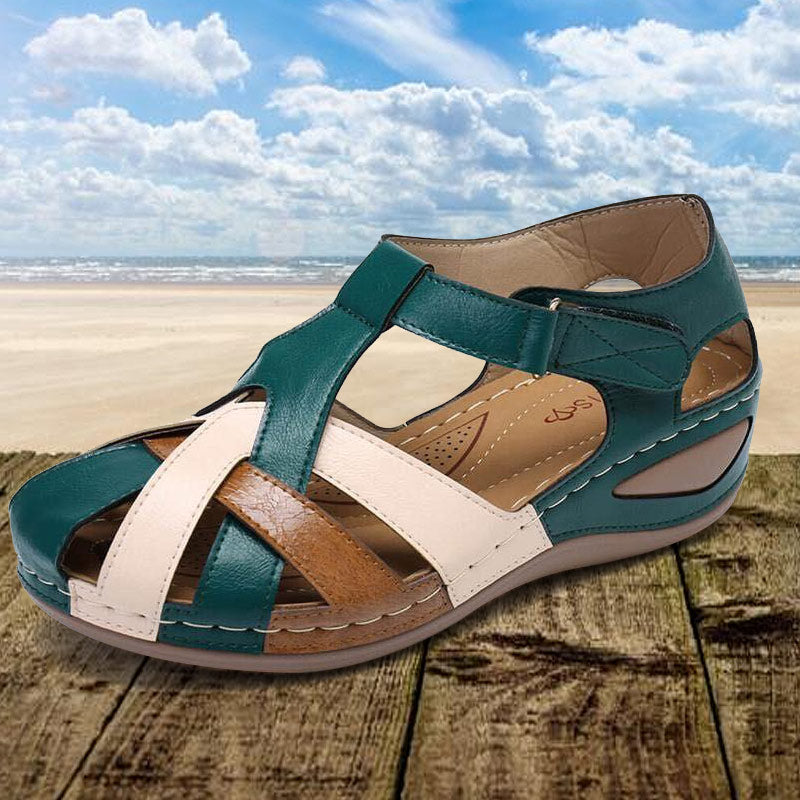 Women Color Block Comfy Wearable Hook Loop Casual Wedges Sandals-tidenox