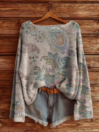 Women's Retro Paisley Floral Art Print Casual Pullover Sweater-tidenox