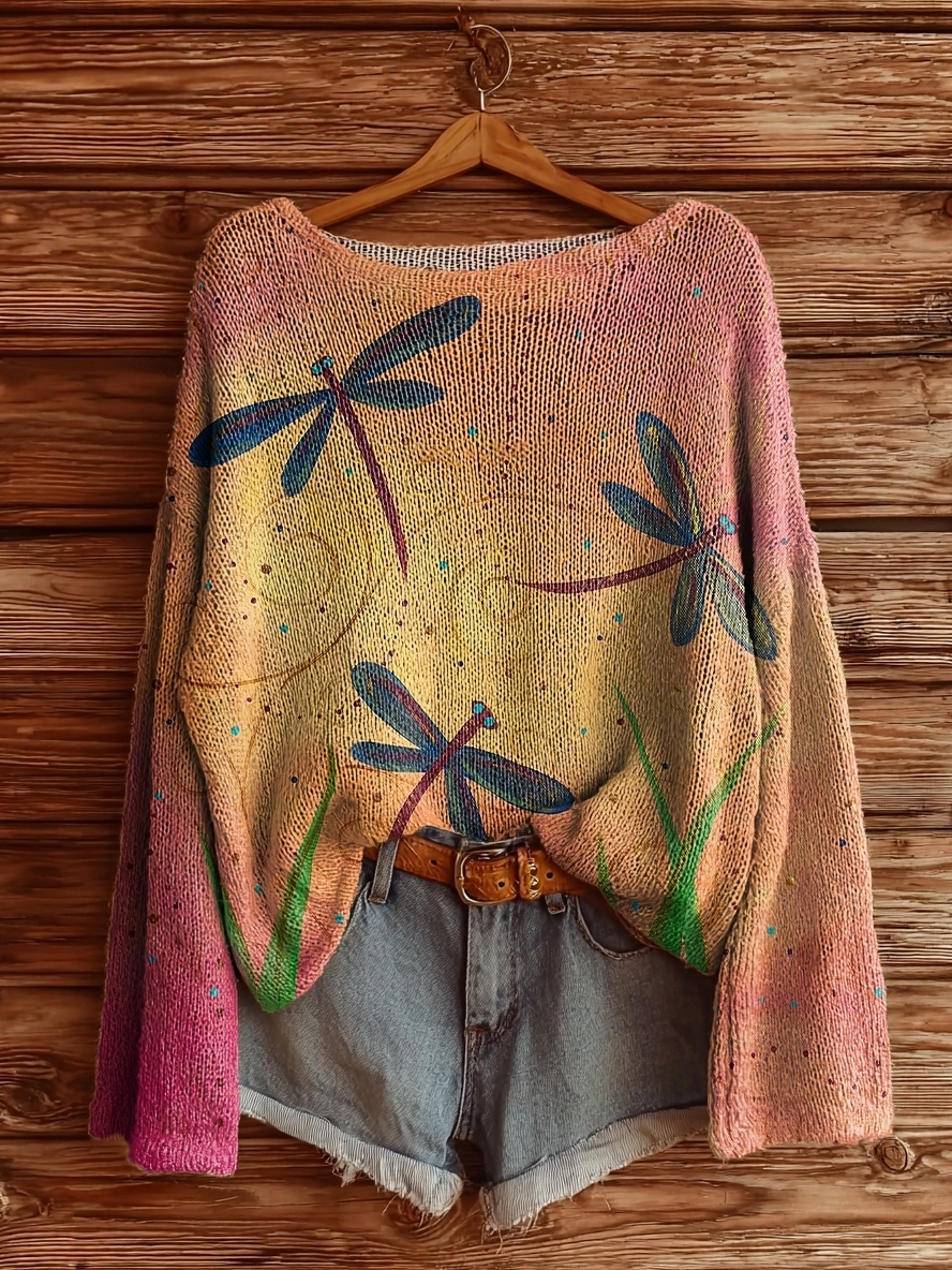 Women's Dragonfly Art Pattern Print Casual Pullover Sweater-tidenox
