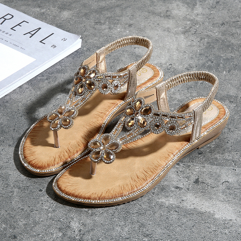 T-strap Flower Rhinestone Flats Sandals-tidenox