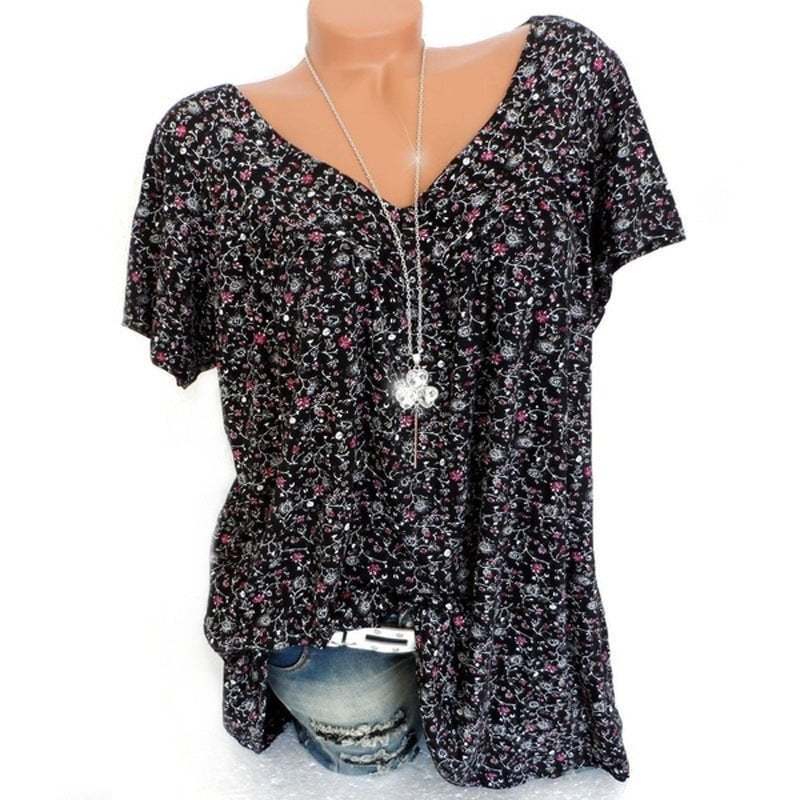 Summer V-neck Loose Short sleeve Print Casual Women's T shirt-tidenox