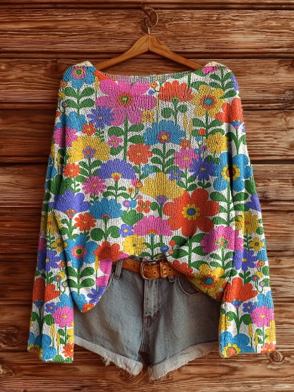 Women's Watercolor Floral Power Art Pattern Print Casual Pullover Sweater-tidenox