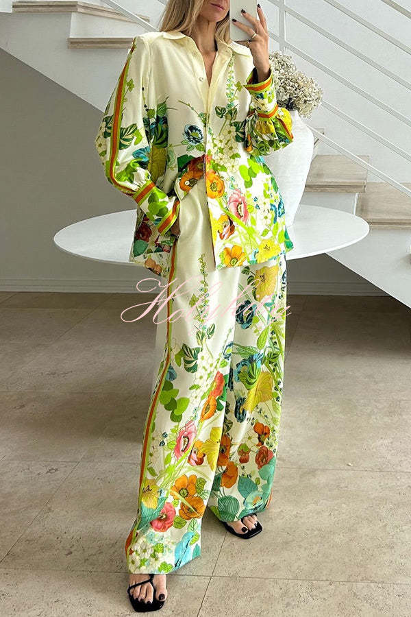 Antibes Satin Floral Print Back Tie-up Button Down Oversized Blouse-tidenox