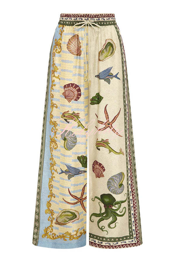 Deep Sea Dreaming Satin Unique Print Short Sleeve Shirt and Elastic Waist Pocketed Pants Set-tidenox