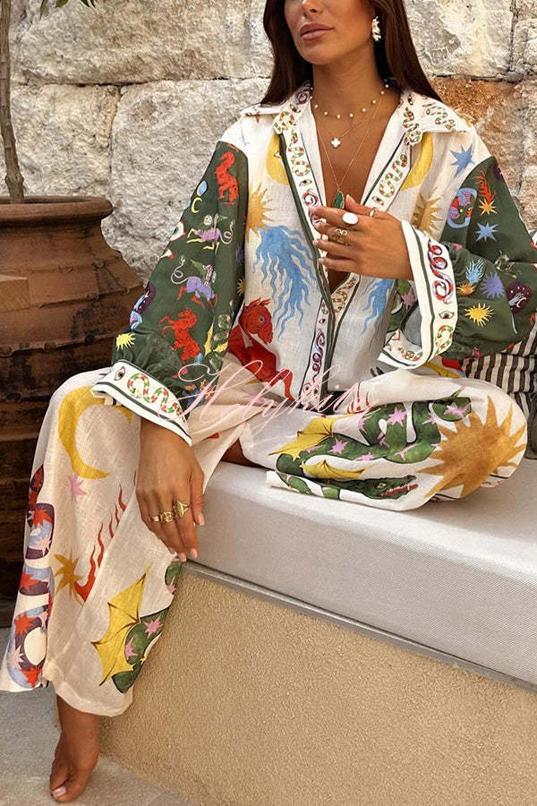 Bohemian Beauty Unique Print Long Sleeve Loose Shirt and Elastic Waist Pants Set-tidenox