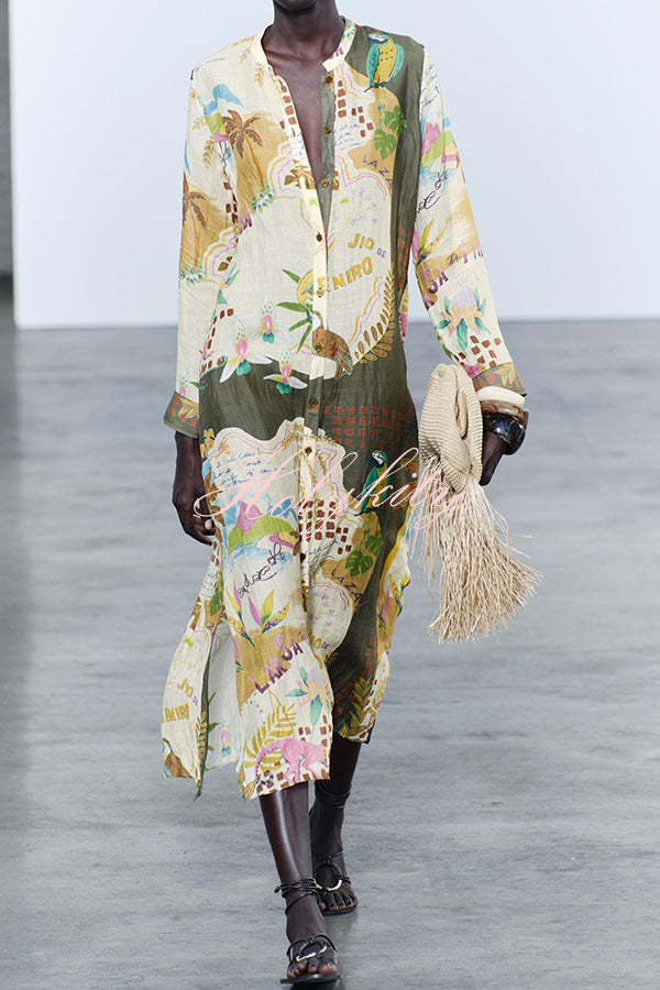 Cayla Linen Blend Unique Print Button Long Sleeve Shirt Midi Dress-tidenox