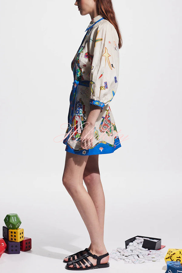 Linen Blend Unique Printed Balloon Sleeve Pocket Tie Waist Mini Dress-tidenox