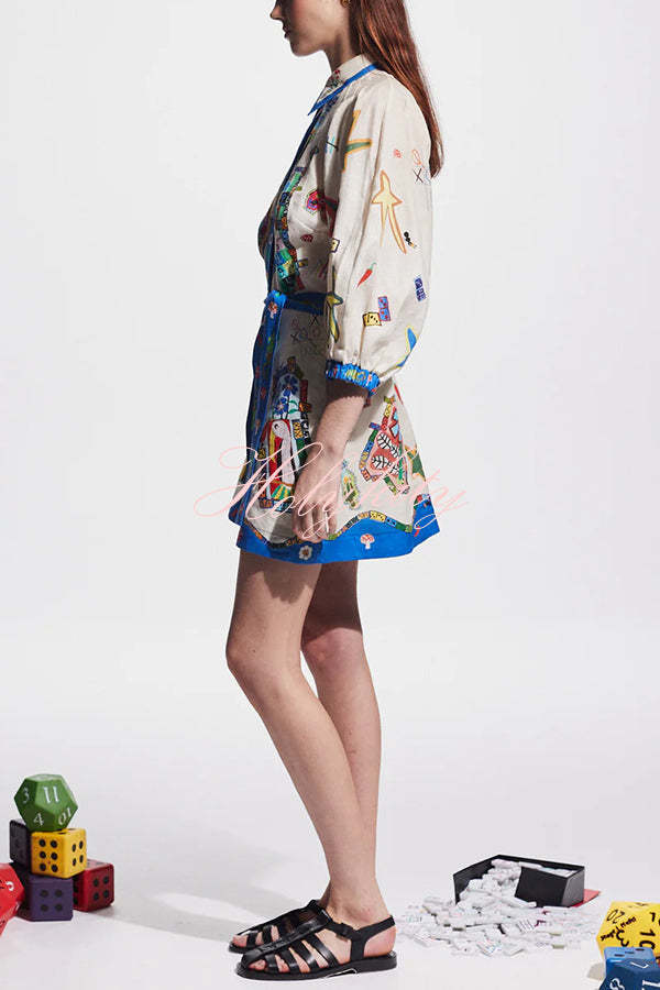 Linen Blend Unique Printed Balloon Sleeve Pocket Tie Waist Mini Dress-tidenox