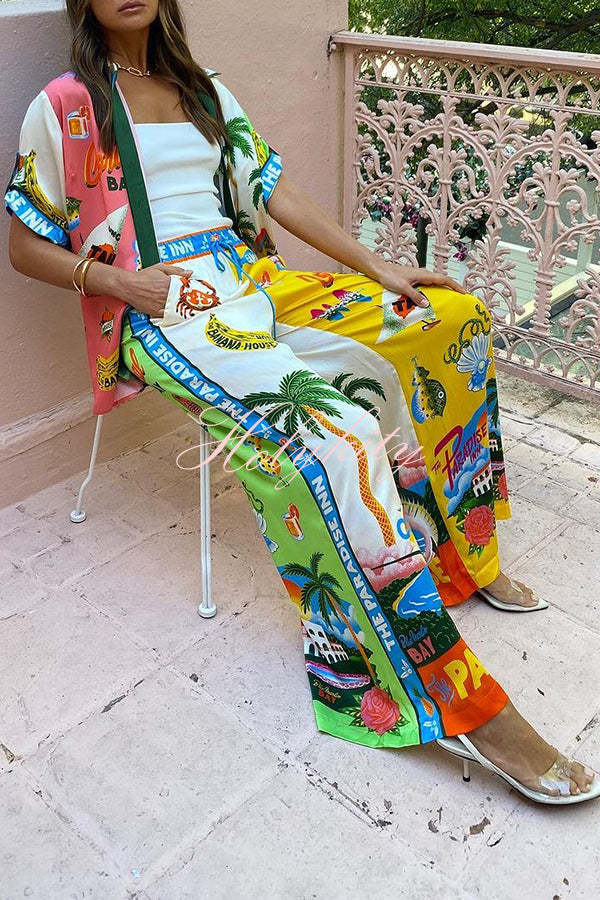 Kissed By The Sun Satin Unique Print Colorblock Elastic Waist Pocketed Wide Leg Pants-tidenox