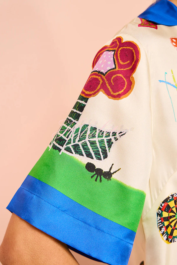 Vibrant Beach Satin Unique Print Colorblock Trim Button Down Oversized Blouse-tidenox
