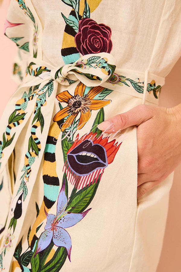 Iconic Shailene Satin Unique Floral Print Pocket Tie-waist Mini Dress-tidenox