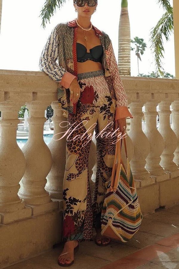 Tropical Jungle Tiger Unique Print Long Sleeve Loose Shirt and Elastic Waist Pants Set-tidenox