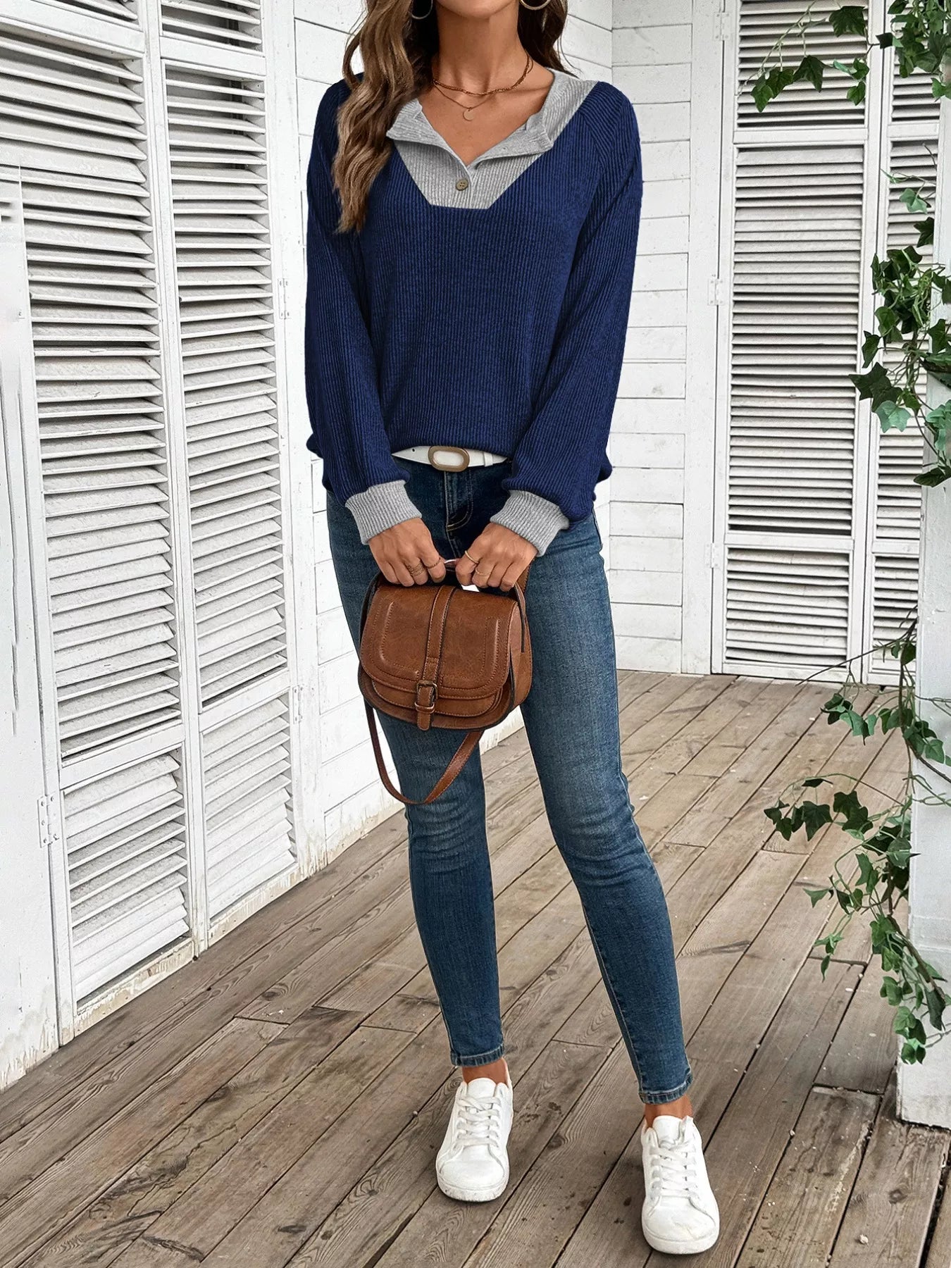 Ribbed Knit Two-Tone Top-tidenox