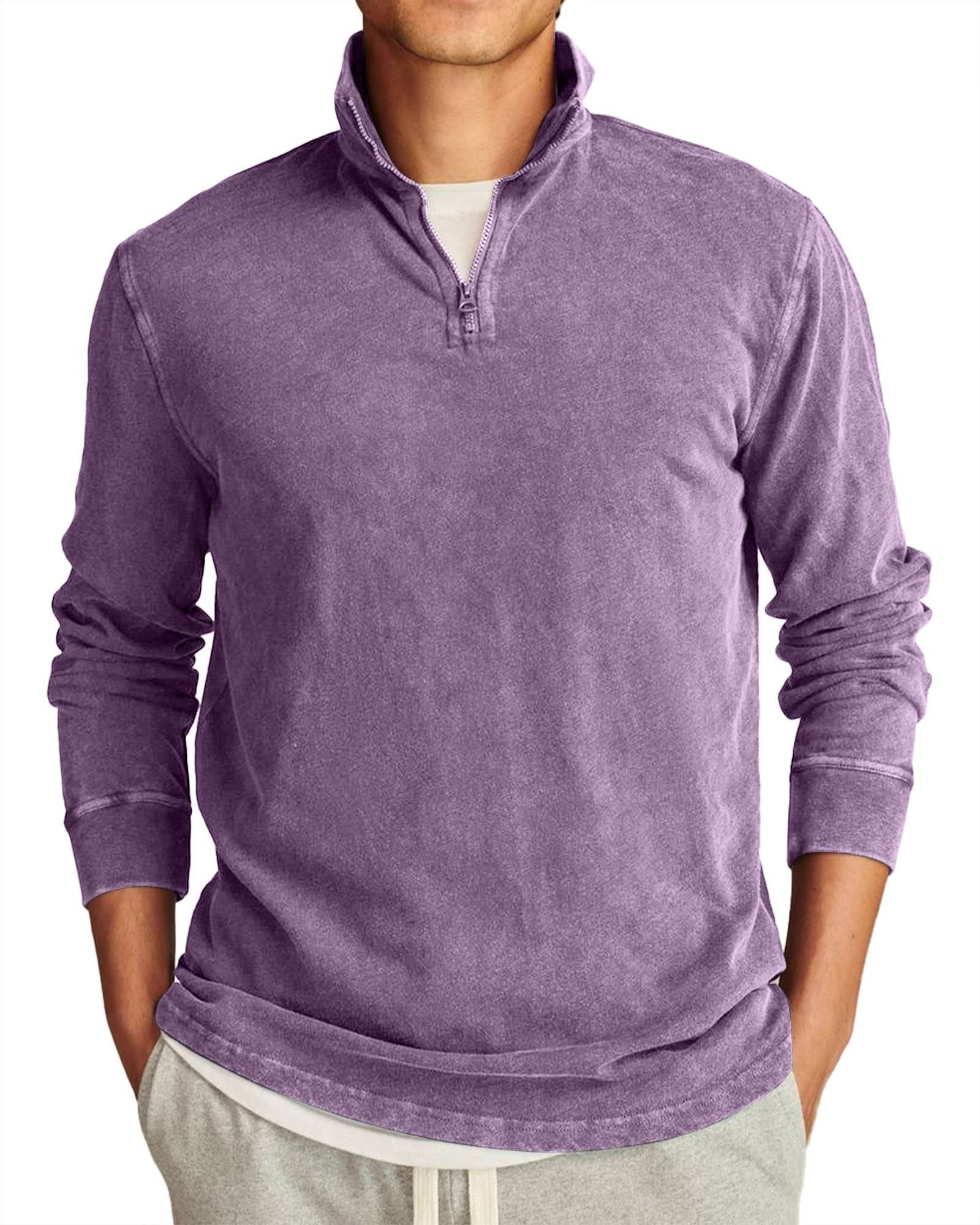 Men's Retro Casual Stand Collar Half-Zip Solid Color Long Sleeve T-Shirt-tidenox