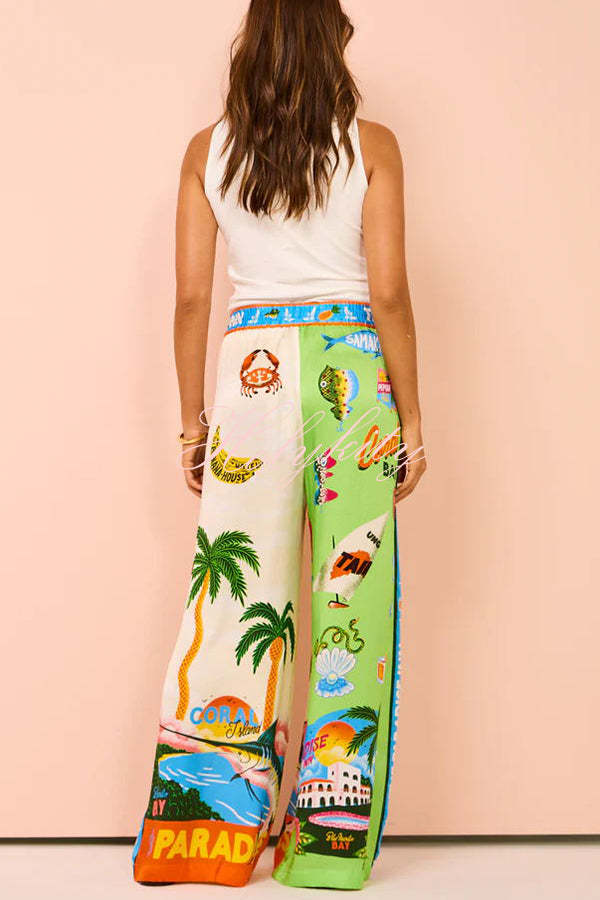Kissed By The Sun Satin Unique Print Colorblock Elastic Waist Pocketed Wide Leg Pants-tidenox