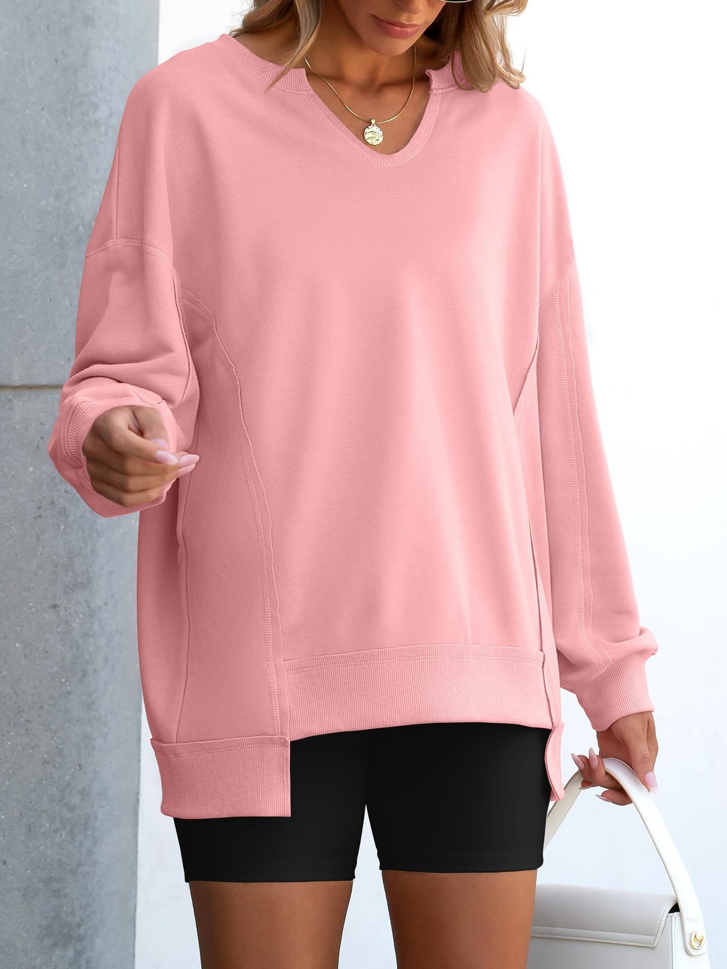 Womens Oversized Sweatshirt V Neck Long Sleeve Tunic Lightweight Pullover-tidenox