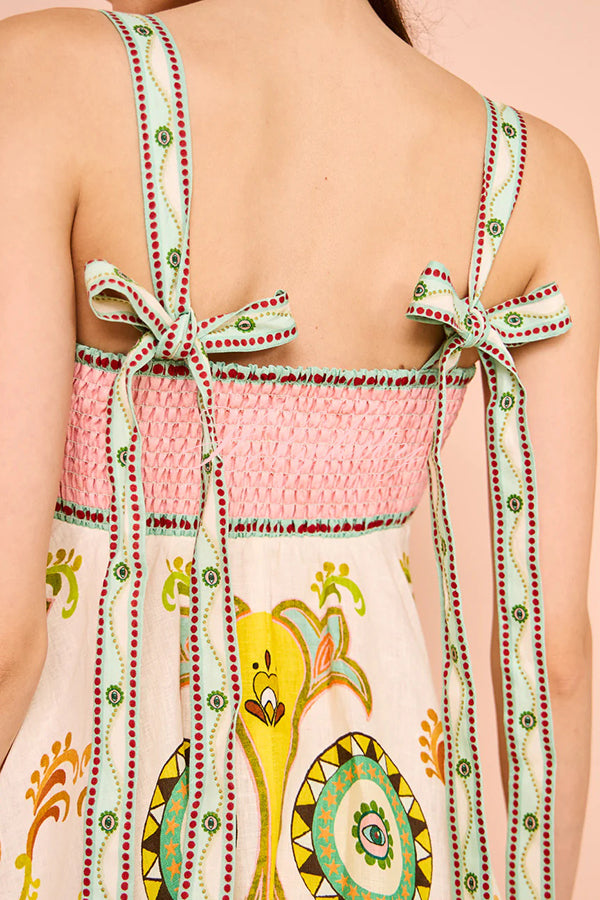 Summer Serenade Linen Blend Unique Print Tie-up Strap Smocked Pocketed Maxi Dress-tidenox